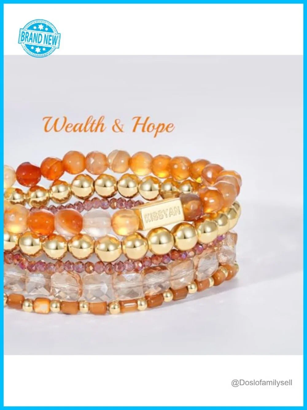 5-Piece Stackable Beaded Stretch Bracelet Set, 14K Gold Plated Natural Stone